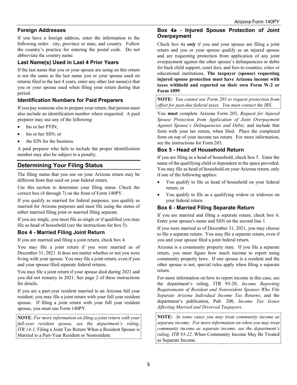 Instructions for Arizona Form 140PY, ADOR10149 Part-Year Resident Personal Income Tax Return - Arizona, Page 5
