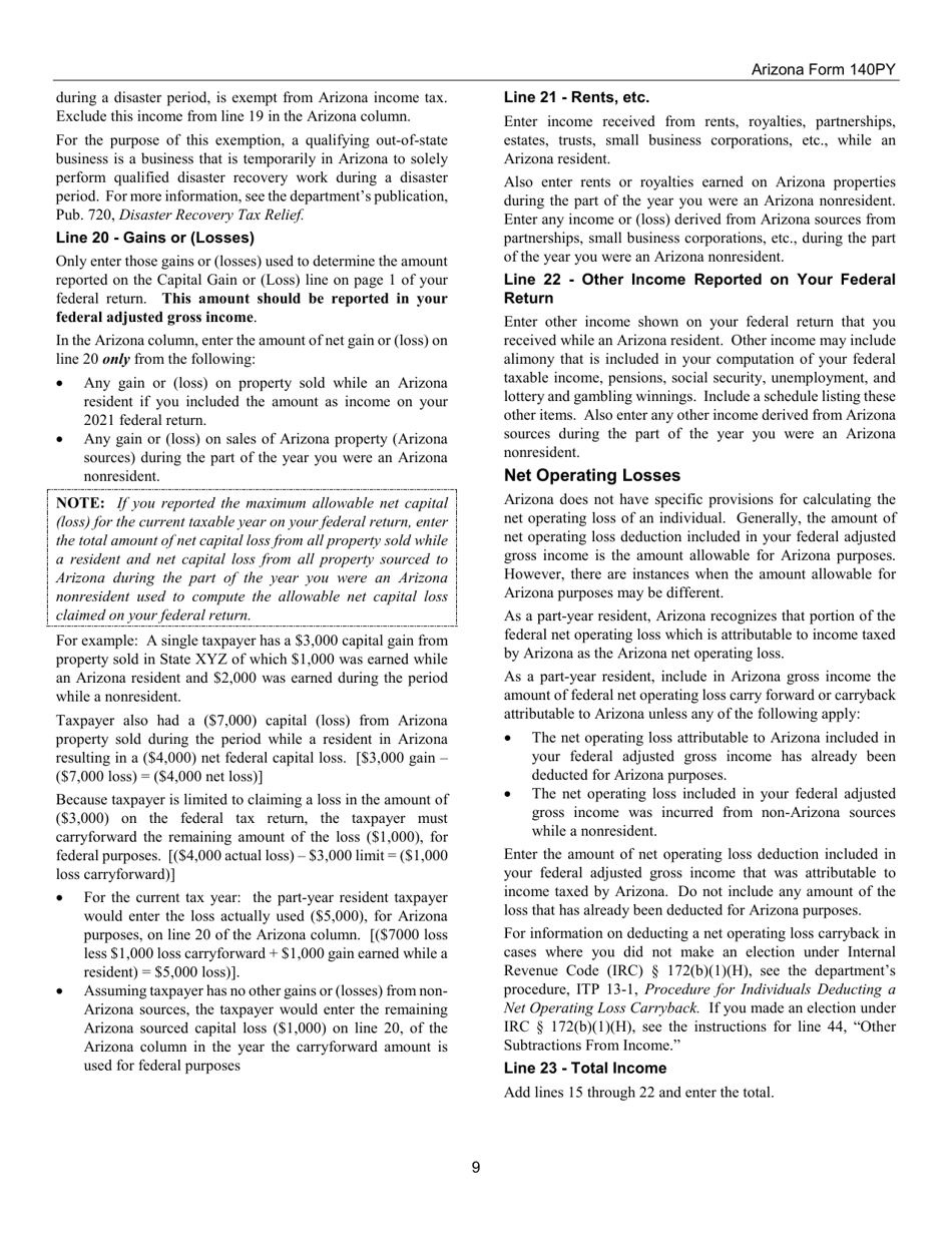 Instructions for Arizona Form 140PY, ADOR10149 Part-Year Resident Personal Income Tax Return - Arizona, Page 9