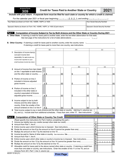 Arizona Form 309 (ADOR10136) 2021 Printable Pdf