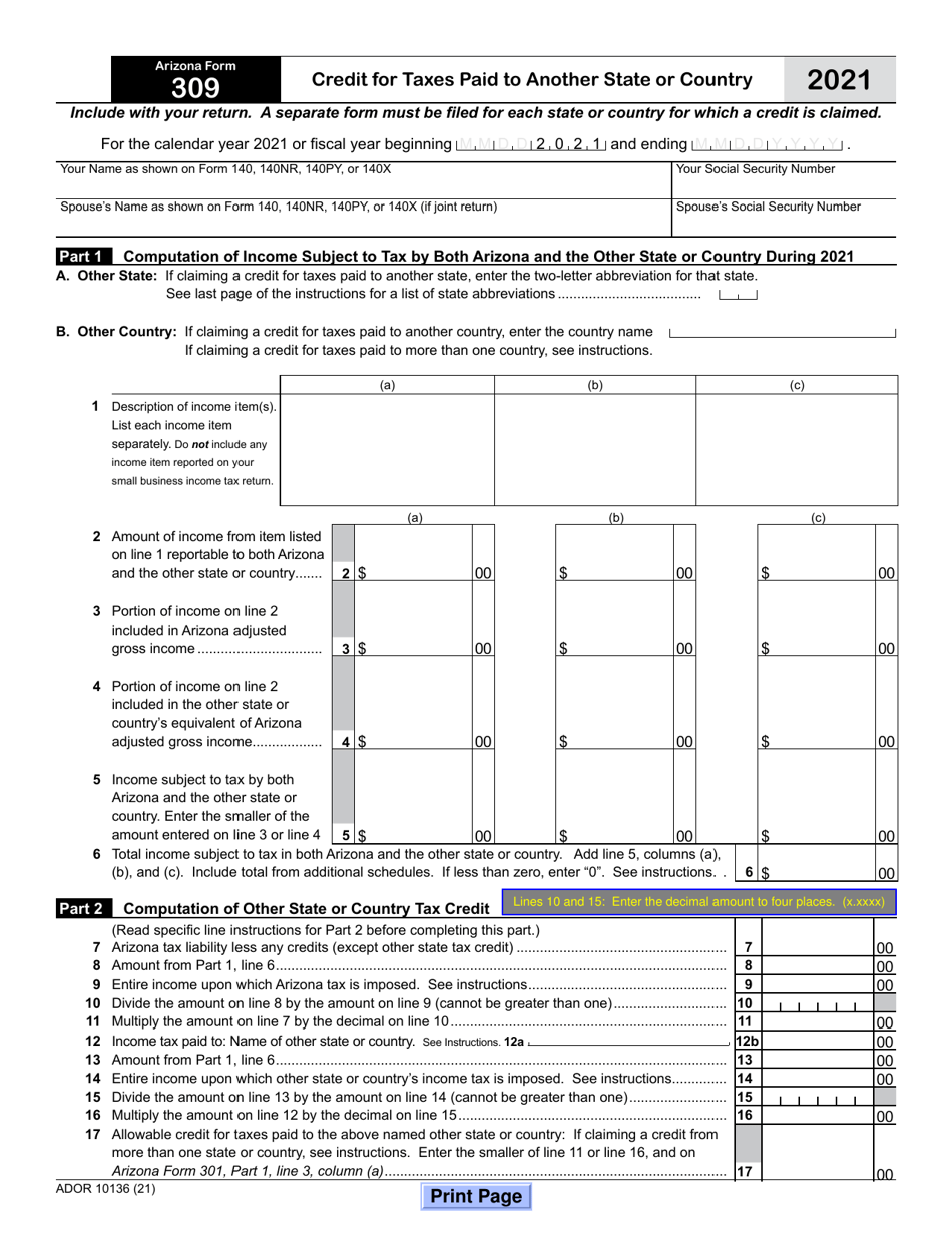 Arizona Form 309 (ADOR10136) - 2021 - Fill Out, Sign Online and ...