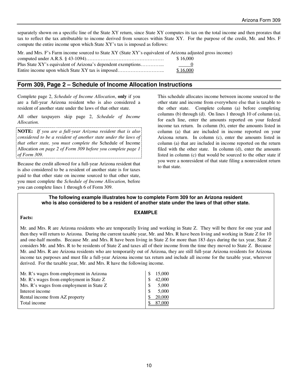Instructions for Arizona Form 309, ADOR10136 Credit for Taxes Paid to Another State or Country - Arizona, Page 10