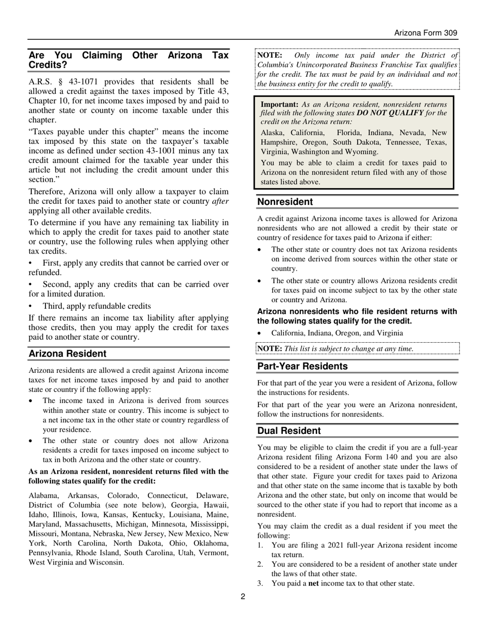 Instructions for Arizona Form 309, ADOR10136 Credit for Taxes Paid to Another State or Country - Arizona, Page 2