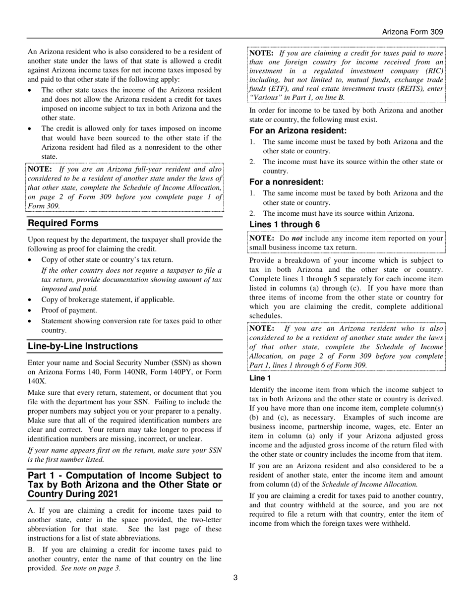 Instructions for Arizona Form 309, ADOR10136 Credit for Taxes Paid to Another State or Country - Arizona, Page 3