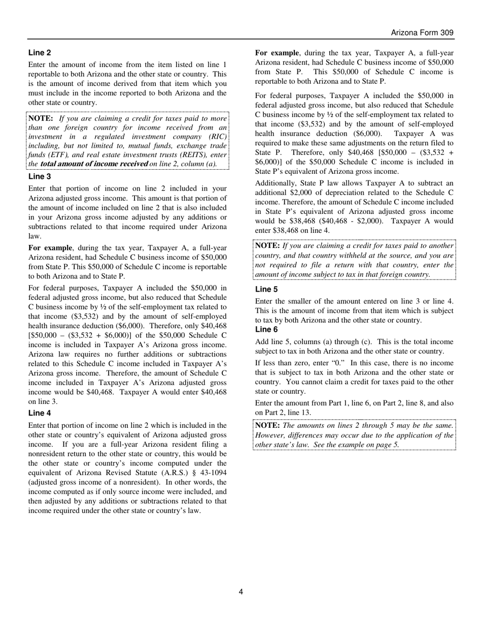 Instructions for Arizona Form 309, ADOR10136 Credit for Taxes Paid to Another State or Country - Arizona, Page 4