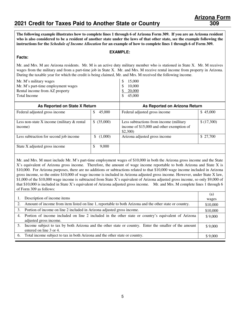 Instructions for Arizona Form 309, ADOR10136 Credit for Taxes Paid to Another State or Country - Arizona, Page 5