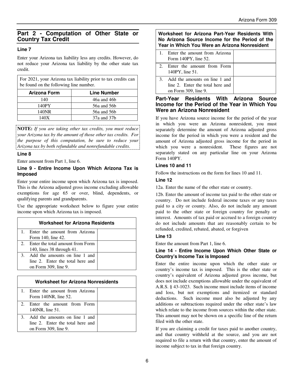 Instructions for Arizona Form 309, ADOR10136 Credit for Taxes Paid to Another State or Country - Arizona, Page 6