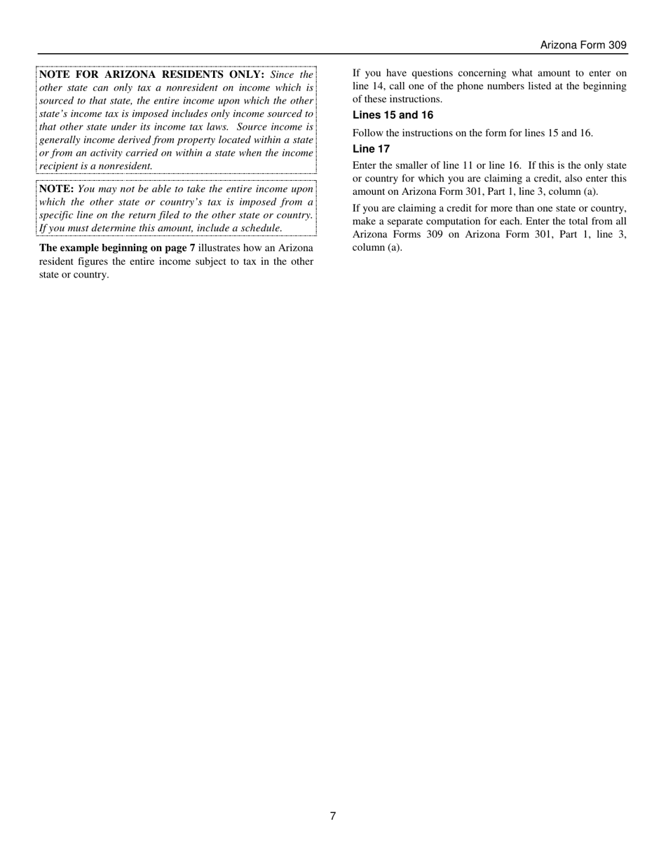 Instructions for Arizona Form 309, ADOR10136 Credit for Taxes Paid to Another State or Country - Arizona, Page 7