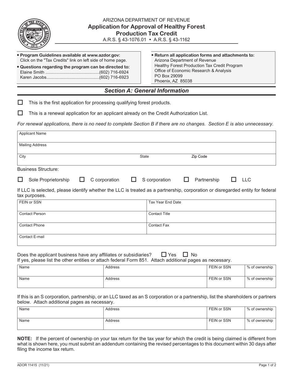 Form ADOR11415 Application for Approval of Healthy Forest Production Tax Credit - Arizona, Page 1