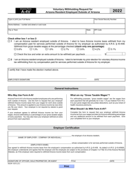 Arizona Form A-4V (ADOR10372) &quot;Voluntary Withholding Request for Arizona Resident Employed Outside of Arizona&quot; - Arizona, 2022