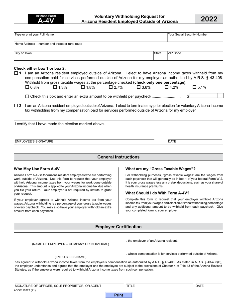Arizona Form A-4V (ADOR10372) Voluntary Withholding Request for Arizona Resident Employed Outside of Arizona - Arizona, Page 1