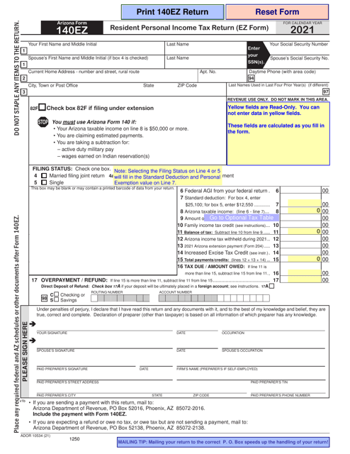 Arizona Form 140EZ (ADOR10534) Resident Personal Income Tax Return (Ez Form) - Arizona, 2021
