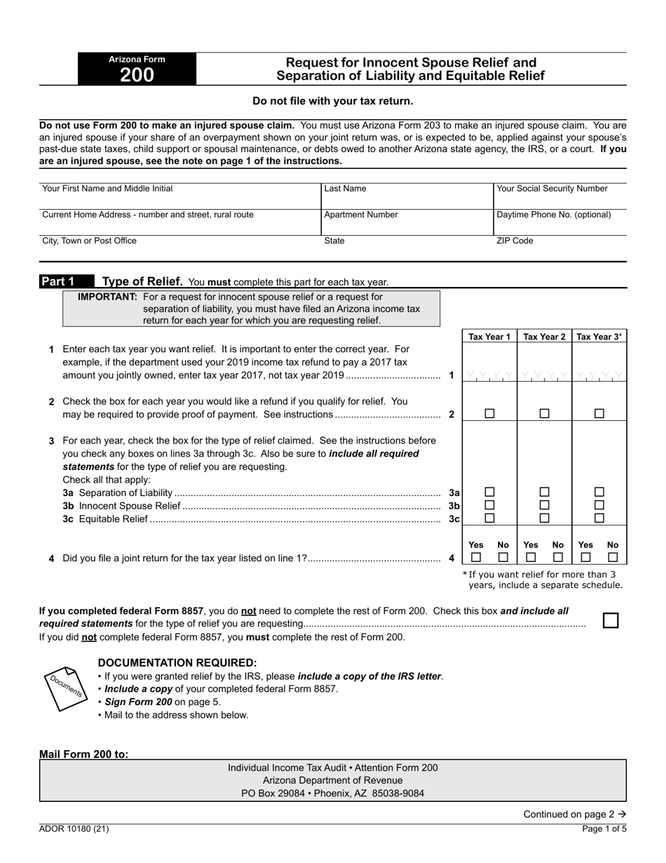 Arizona Form 200 (ADOR10180) Request for Innocent Spouse Relief and Separation of Liability and Equitable Relief - Arizona, Page 1