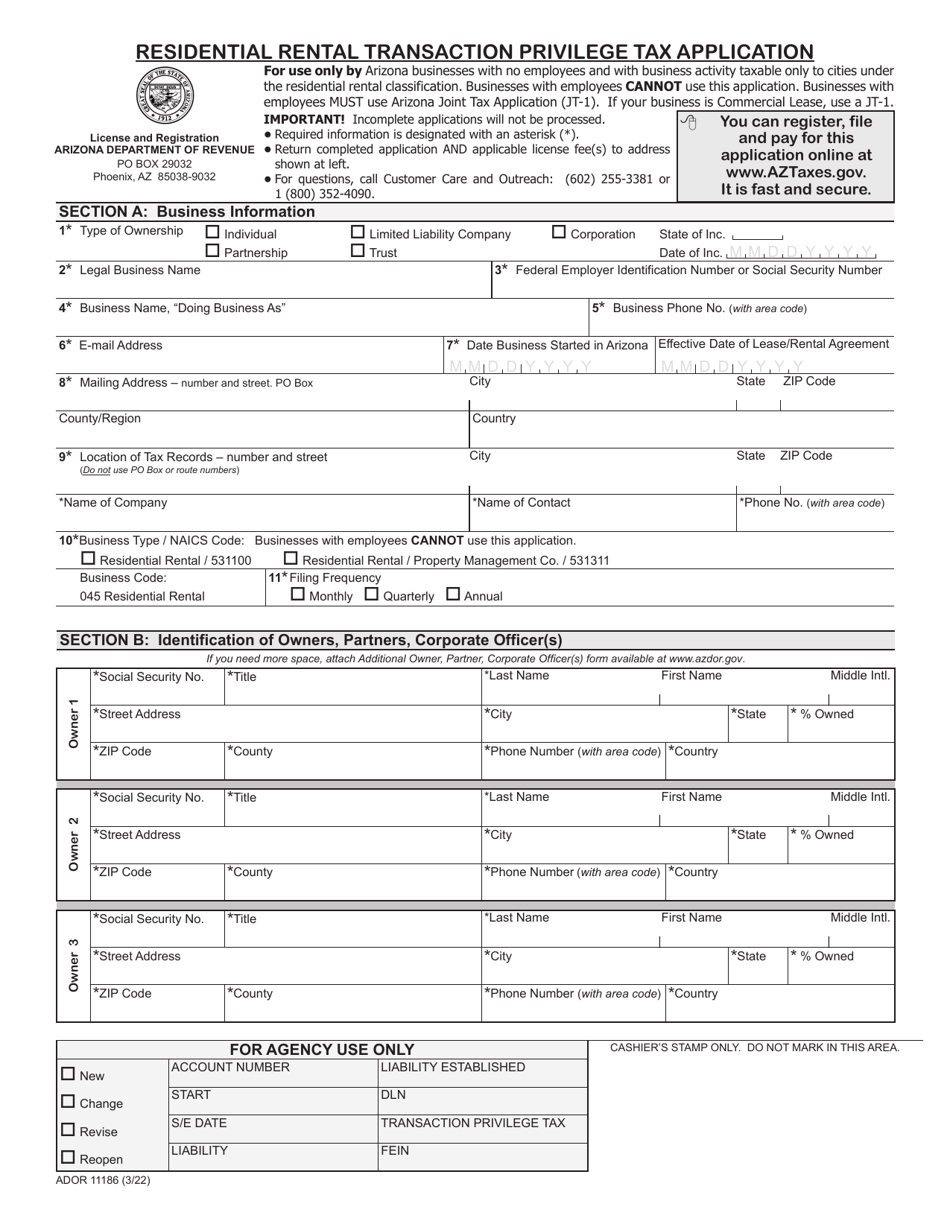 Form ADOR11186 Residential Rental Transaction Privilege Tax Application - Arizona, Page 1