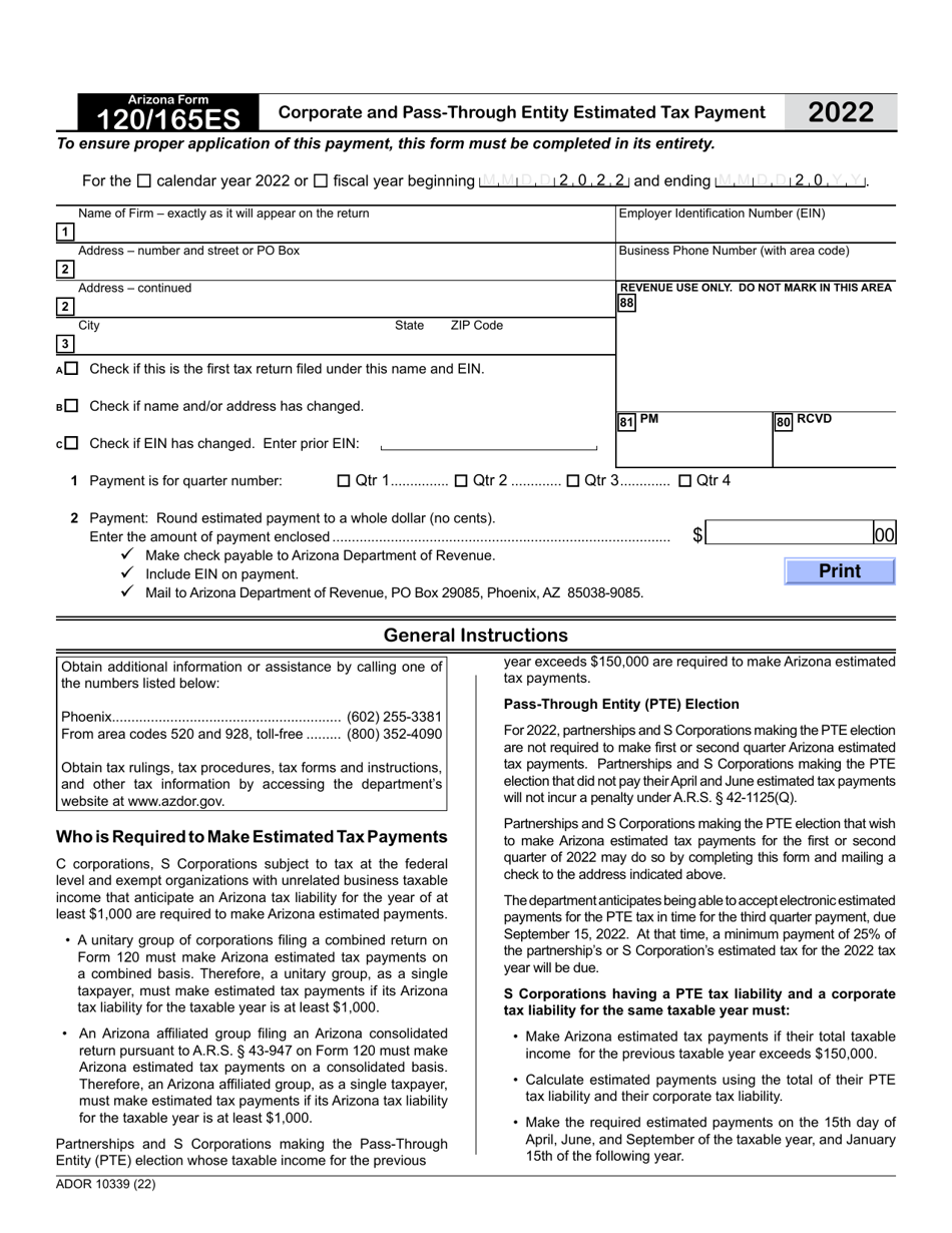 Arizona Form 120 / 165ES (ADOR10339) Corporate and Pass-Through Entity Estimated Tax Payment - Arizona, Page 1