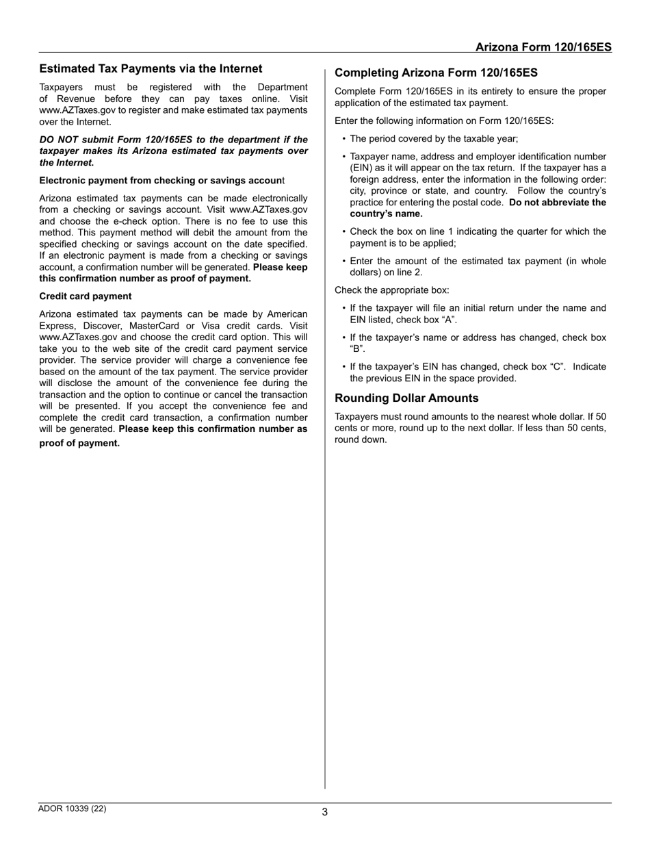 Arizona Form 120 / 165ES (ADOR10339) Corporate and Pass-Through Entity Estimated Tax Payment - Arizona, Page 3