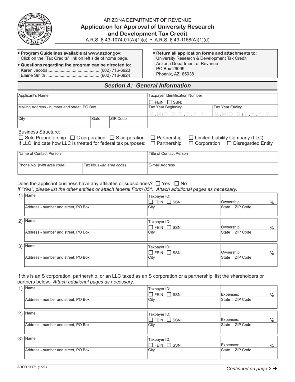 Form ADOR11171 Application for Approval of University Research and Development Tax Credit - Arizona, Page 1