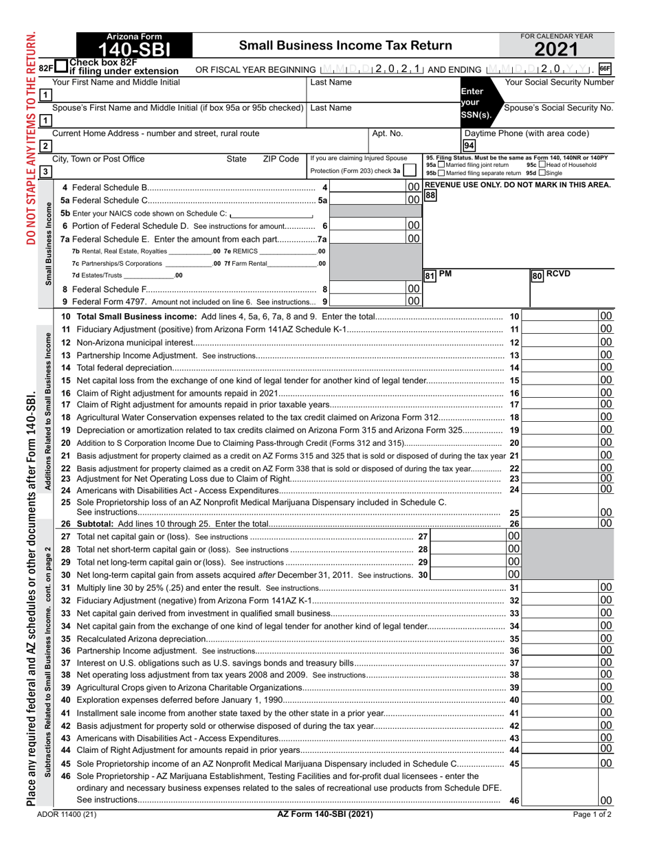 Arizona Form 140-SBI (ADOR11400) Small Business Income Tax Return - Arizona, Page 1