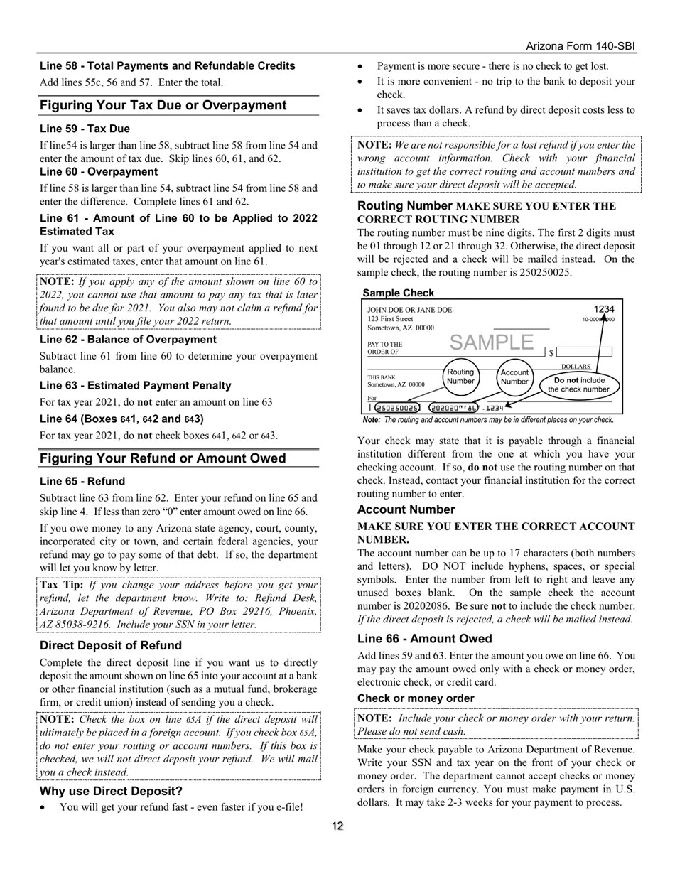 Download Instructions For Arizona Form 140 Sbi Ador11400 Small Business Income Tax Return Pdf 1352