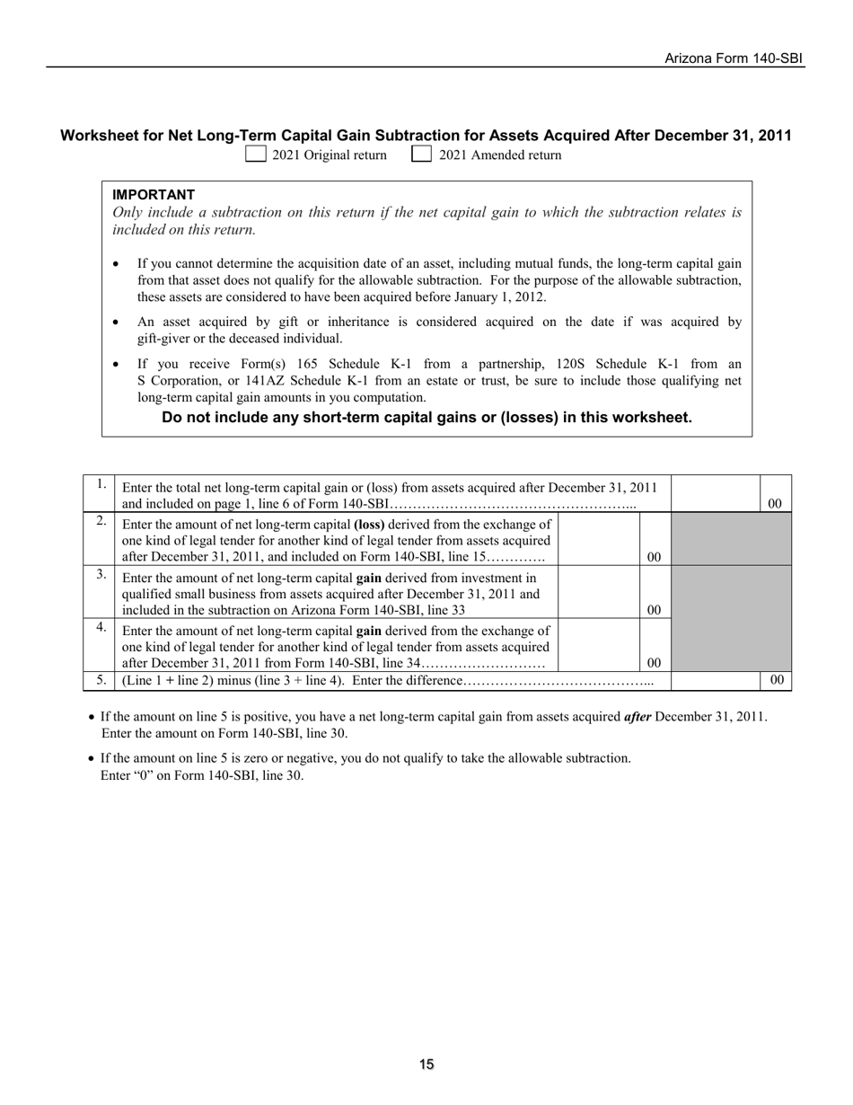 Download Instructions for Arizona Form 140SBI, ADOR11400 Small