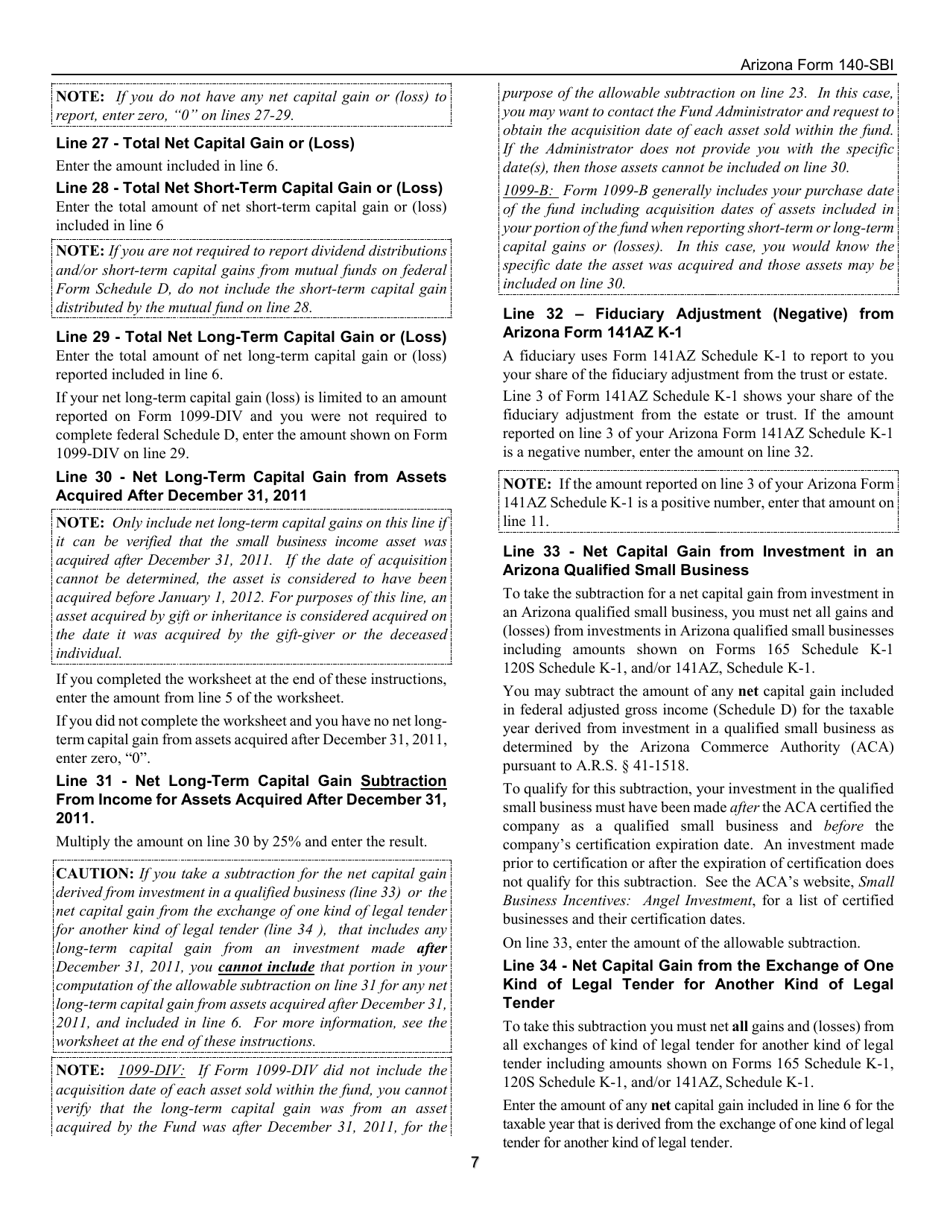 Download Instructions for Arizona Form 140SBI, ADOR11400 Small