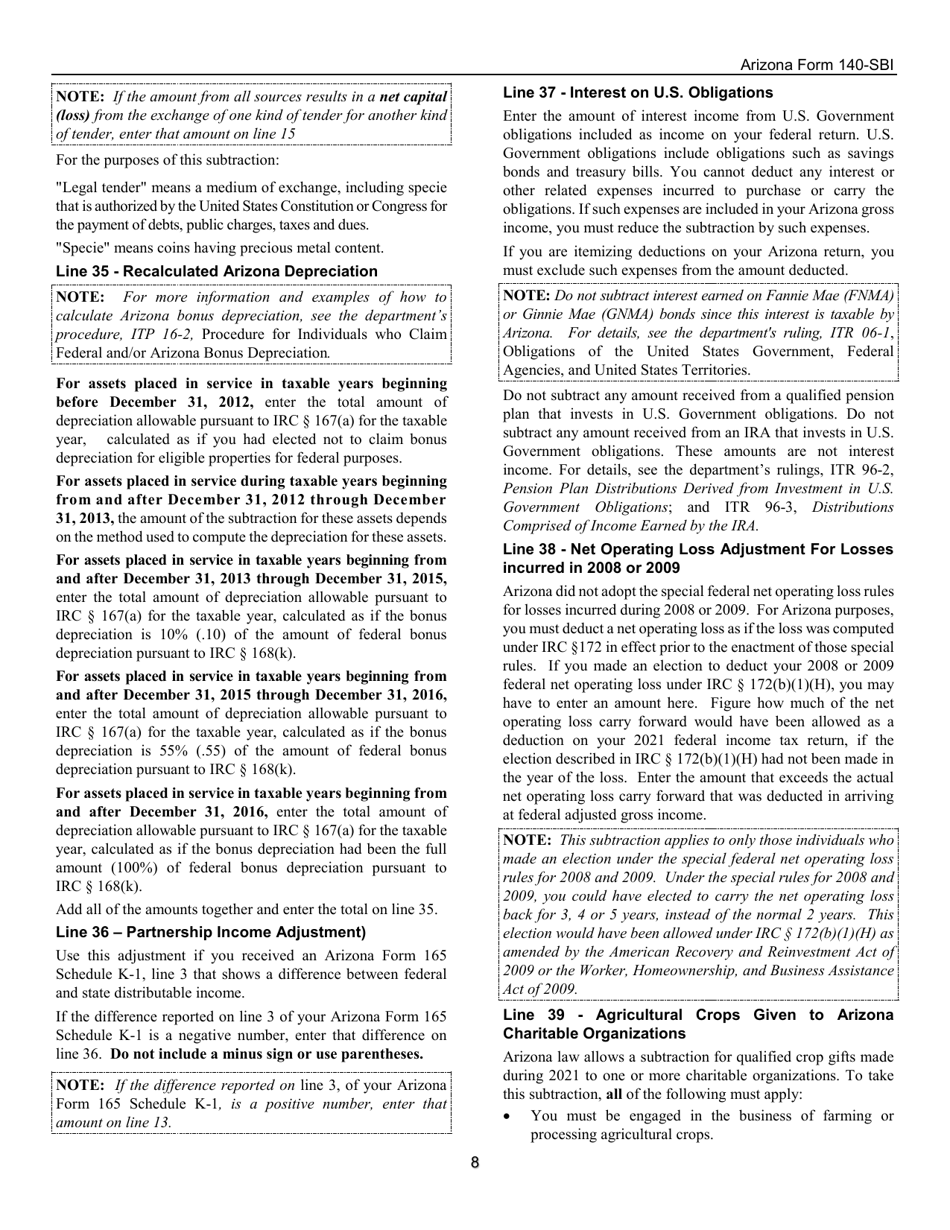 Download Instructions for Arizona Form 140SBI, ADOR11400 Small
