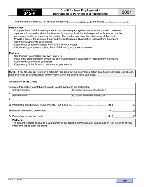 Arizona Form 345-P (ADOR11334) 2021 Printable Pdf