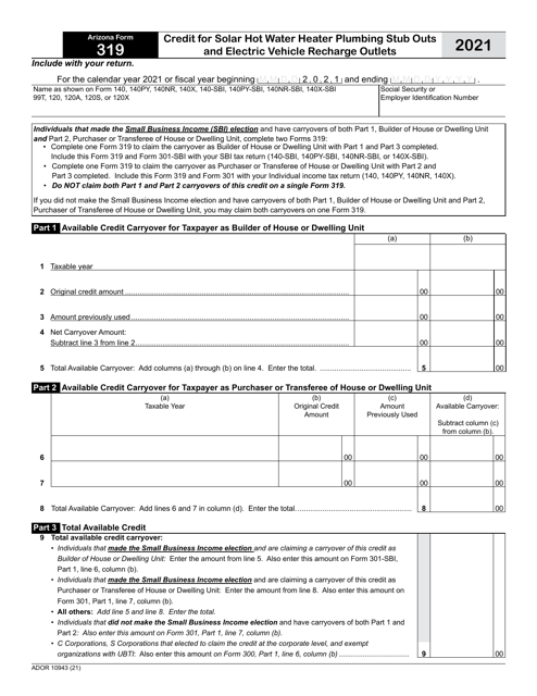Arizona Form 319 (ADOR10943) 2021 Printable Pdf