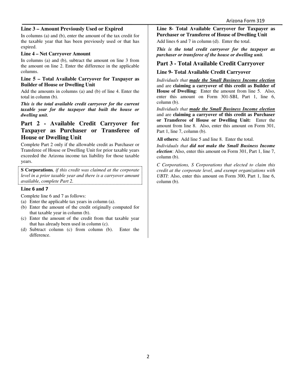 Instructions for Arizona Form 319, ADOR10943 Credit for Solar Hot Water Heater Plumbing Stub Outs and Electric Vehicle Recharge Outlets - Arizona, Page 2