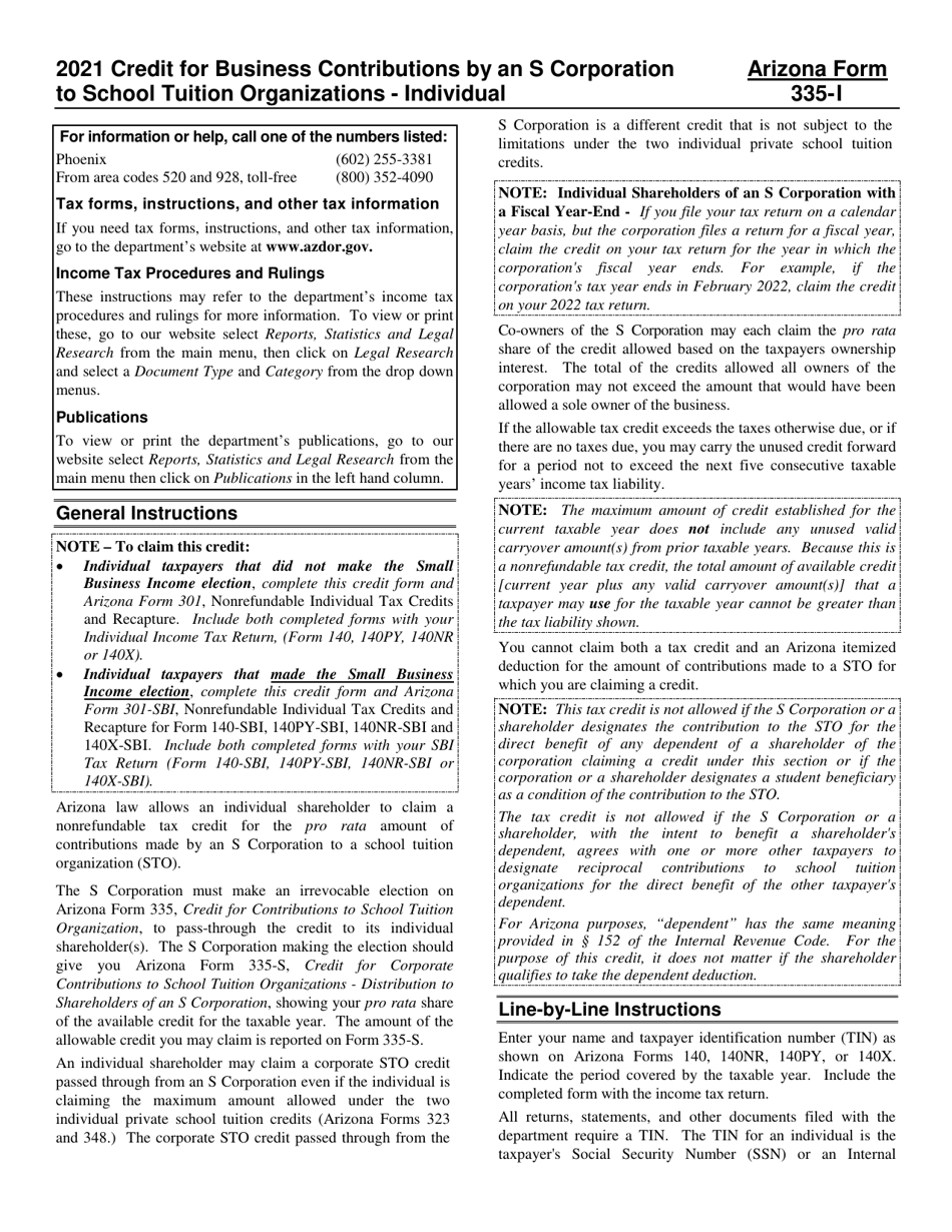 Instructions for Arizona Form 335-I, ADOR11239 Credit for Business Contributions by an S Corporation to School Tuition Organizations - Individual - Arizona, Page 1