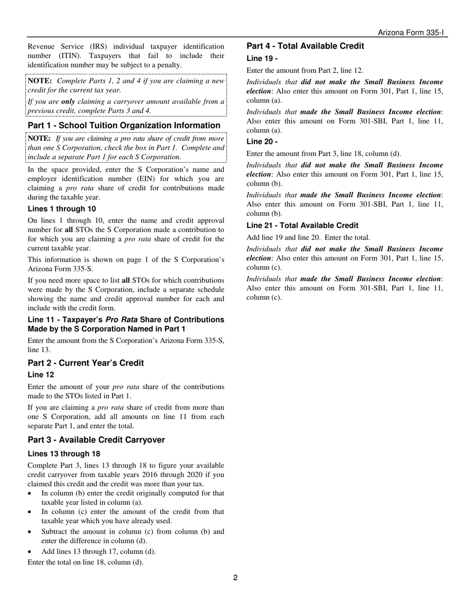 Instructions for Arizona Form 335-I, ADOR11239 Credit for Business Contributions by an S Corporation to School Tuition Organizations - Individual - Arizona, Page 2