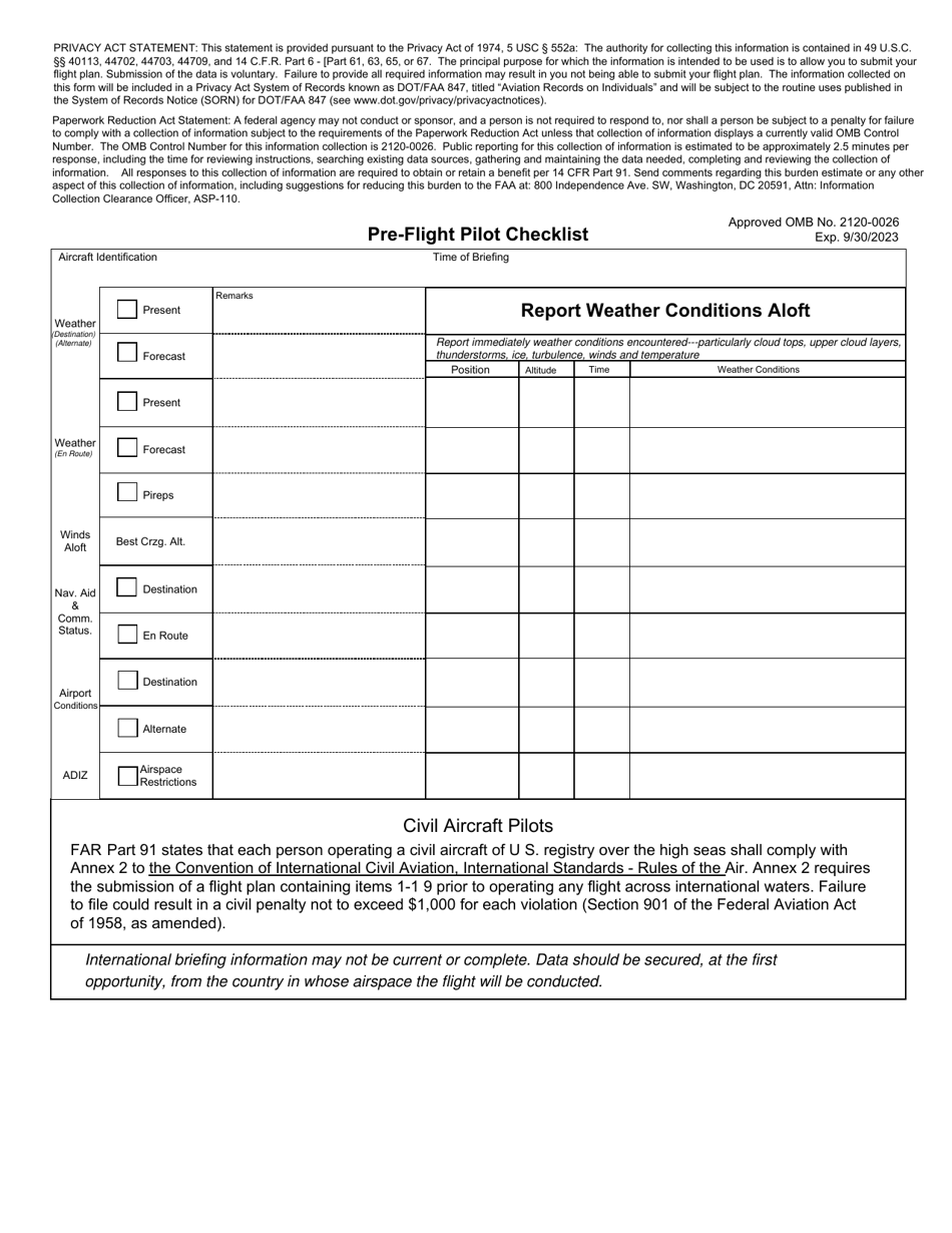 FAA Form 7233-4 Pre-flight Pilot Checklist and International Flight Plan, Page 1