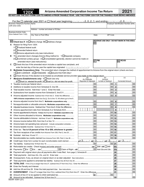Arizona Form 120X (ADOR10341) 2021 Printable Pdf