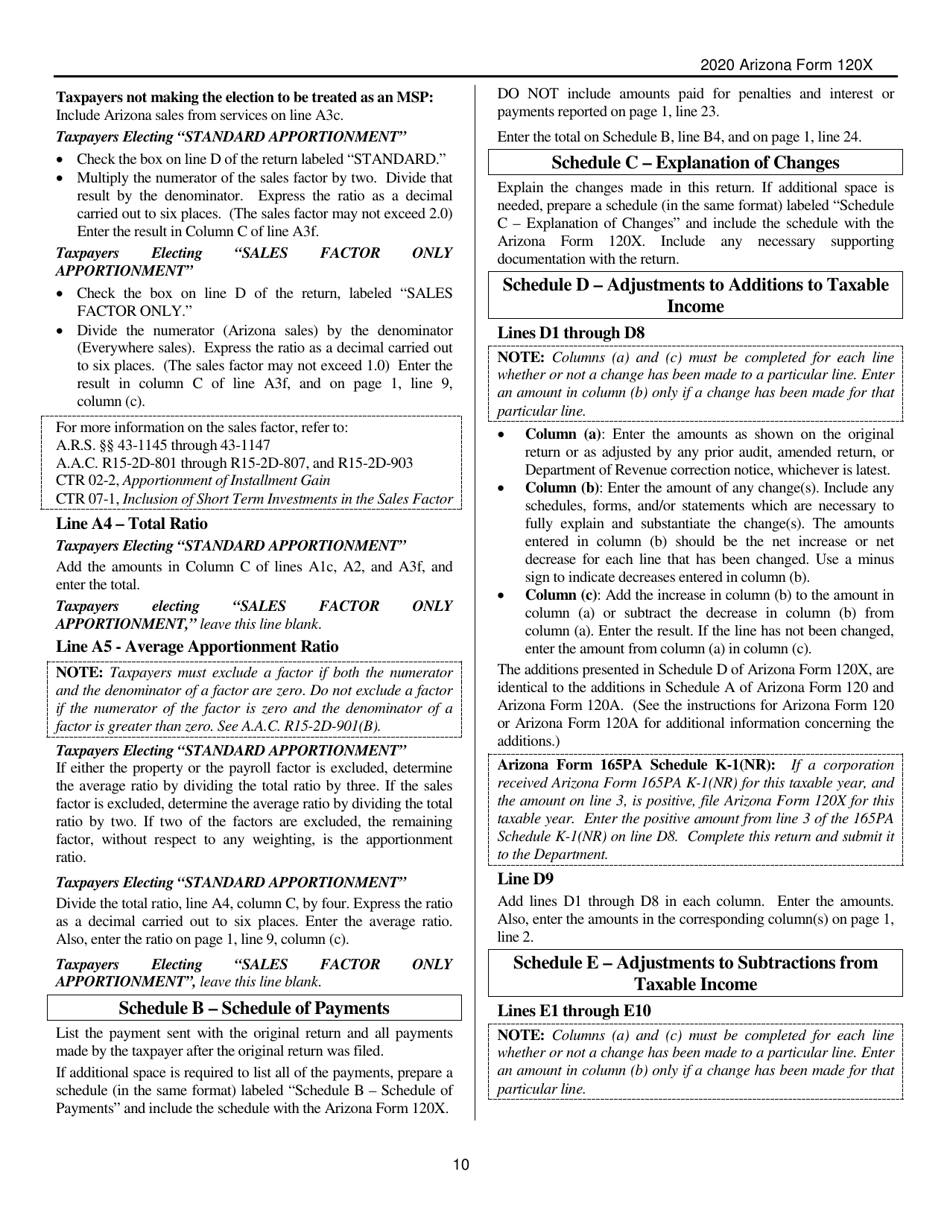 Instructions for Arizona Form 120X, ADOR10341 Arizona Amended Corporation Income Tax Return - Arizona, Page 10