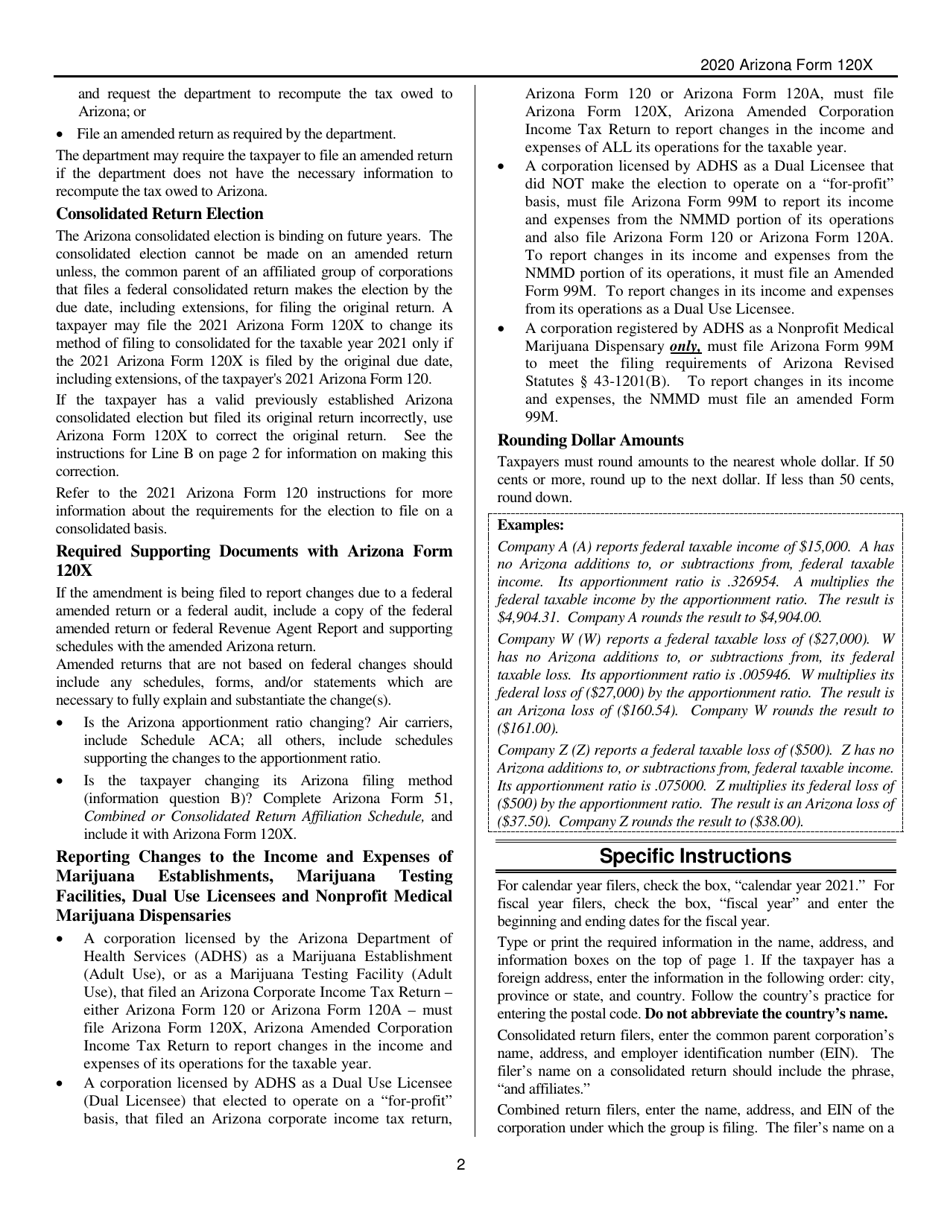 Instructions for Arizona Form 120X, ADOR10341 Arizona Amended Corporation Income Tax Return - Arizona, Page 2