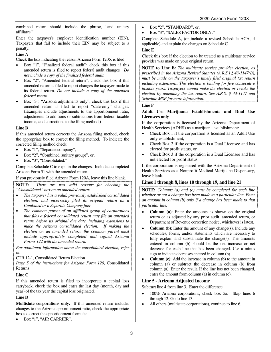 Instructions for Arizona Form 120X, ADOR10341 Arizona Amended Corporation Income Tax Return - Arizona, Page 3