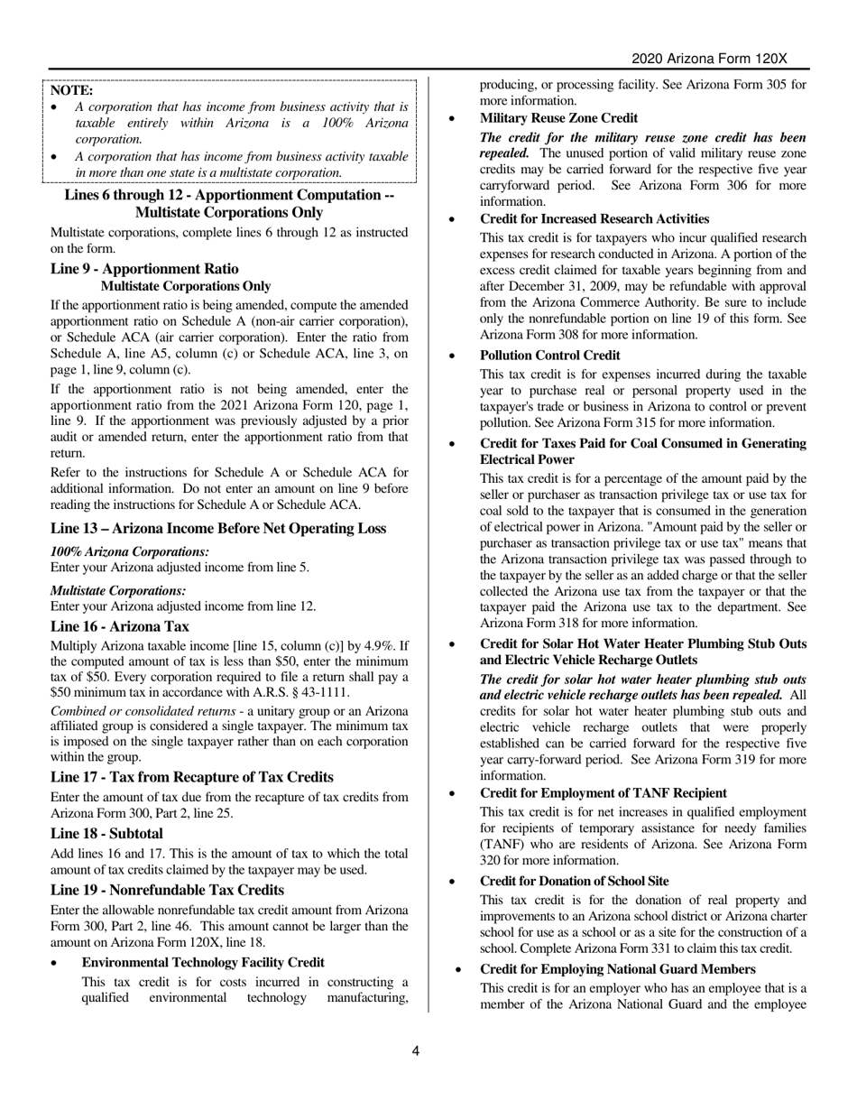 Instructions for Arizona Form 120X, ADOR10341 Arizona Amended Corporation Income Tax Return - Arizona, Page 4