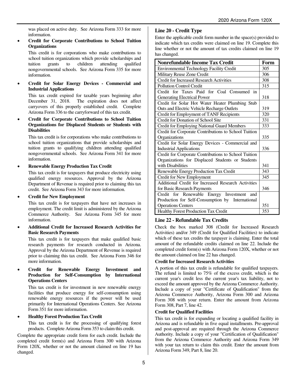 Instructions for Arizona Form 120X, ADOR10341 Arizona Amended Corporation Income Tax Return - Arizona, Page 5