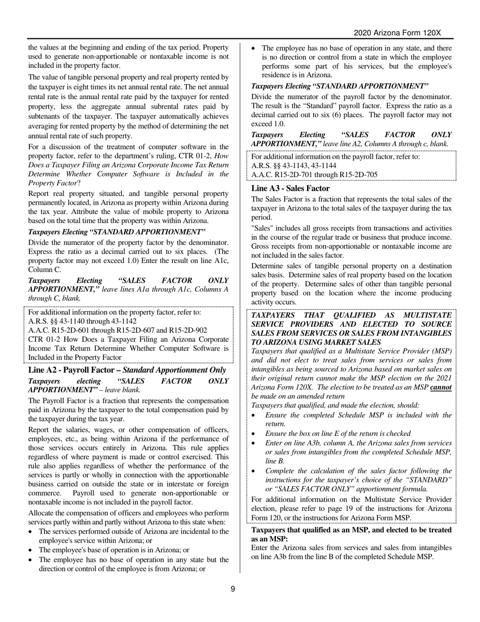 Instructions for Arizona Form 120X, ADOR10341 Arizona Amended Corporation Income Tax Return - Arizona, Page 9