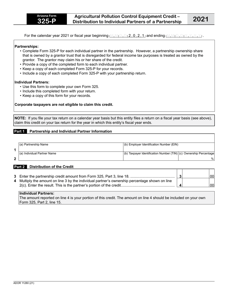 Arizona Form 325-P (ADOR11280) Agricultural Pollution Control Equipment Credit - Distribution to Individual Partners of a Partnership - Arizona, Page 1