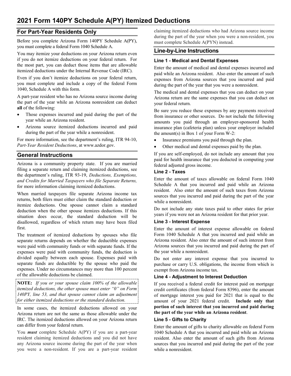 Instructions for Arizona Form 140PY, ADOR10175 Schedule A(PY) Itemized Deductions for Part-Year Residents - Arizona, Page 1