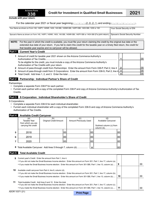 Arizona Form 338 (ADOR10371) 2021 Printable Pdf