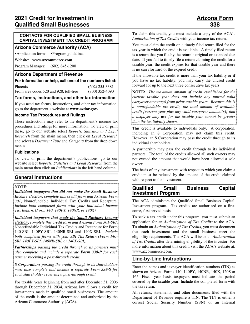 Instructions for Arizona Form 338, 338-P, 338-S - Arizona, Page 1