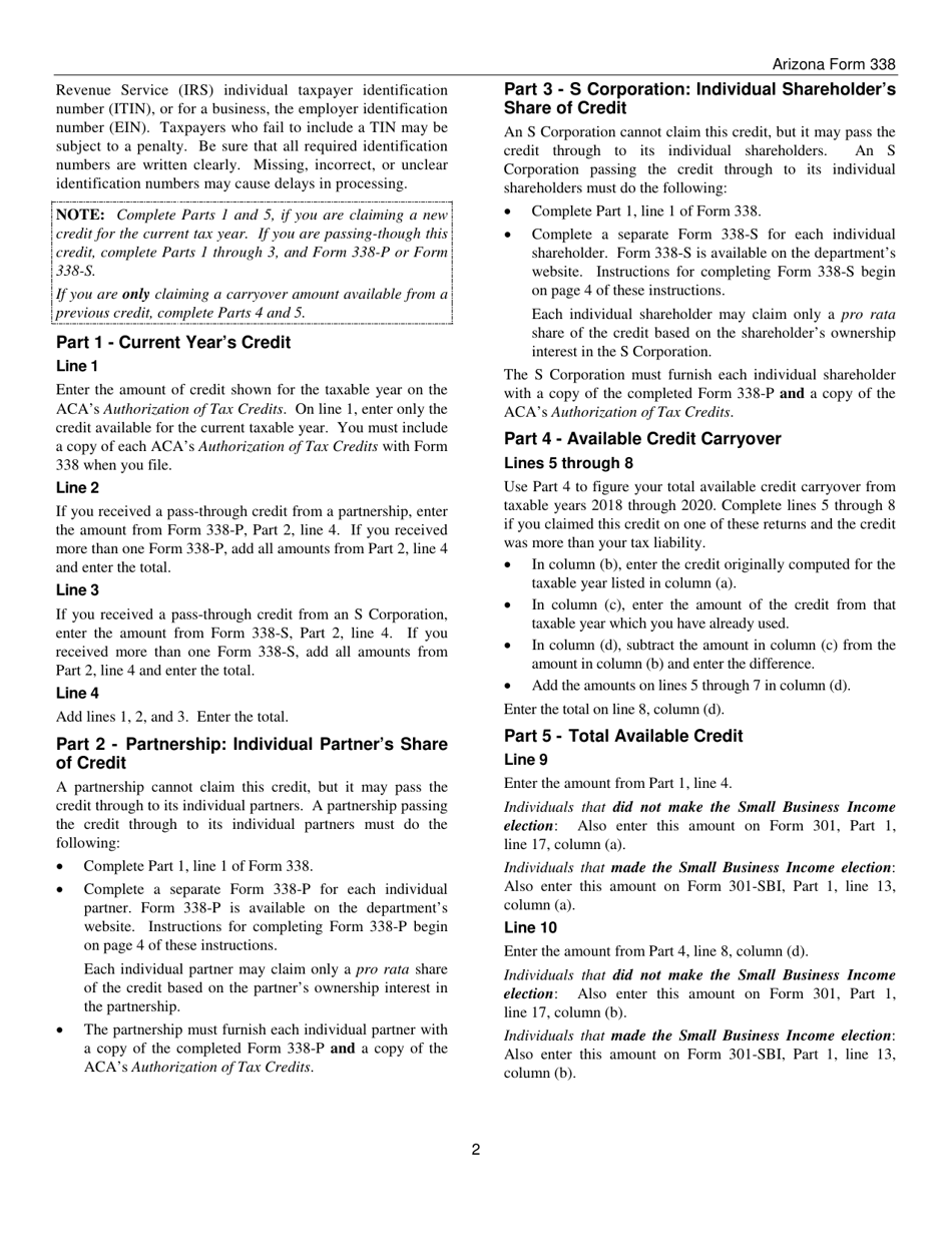 Instructions for Arizona Form 338, 338-P, 338-S - Arizona, Page 2