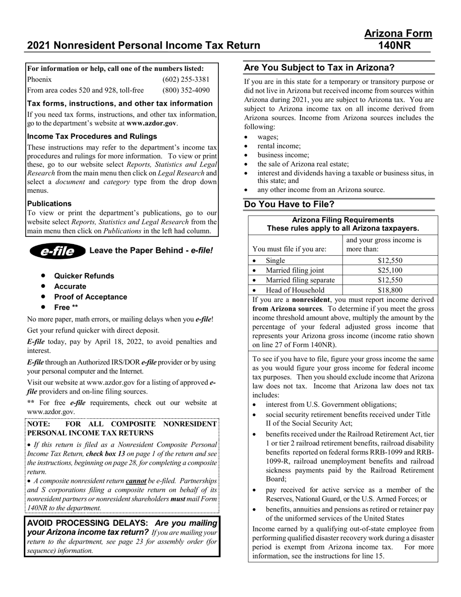 Download Instructions For Arizona Form 140nr Ador10413 Nonresident Personal Income Tax Pdf 3594