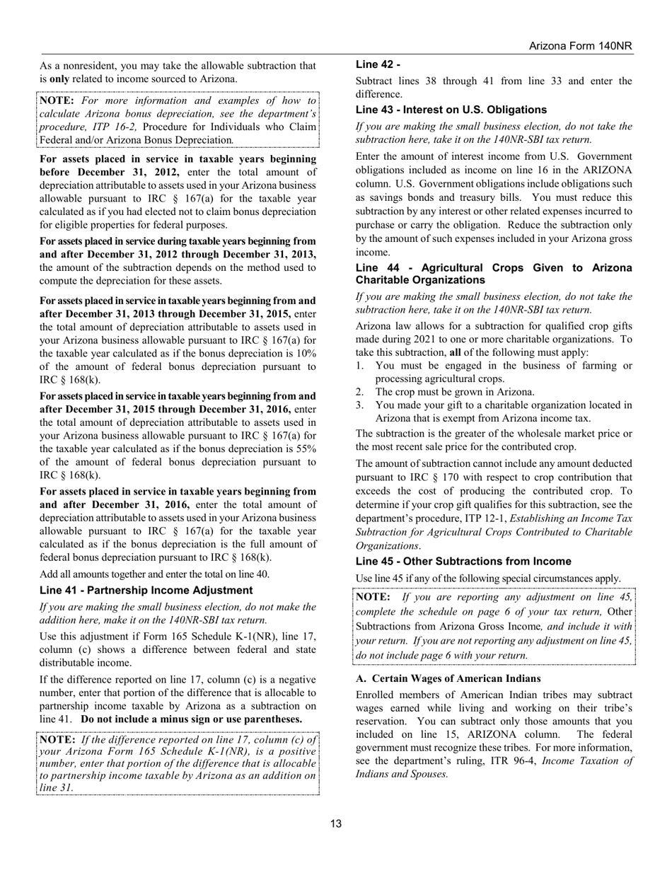 Instructions for Arizona Form 140NR, ADOR10413 Nonresident Personal Income Tax - Arizona, Page 13