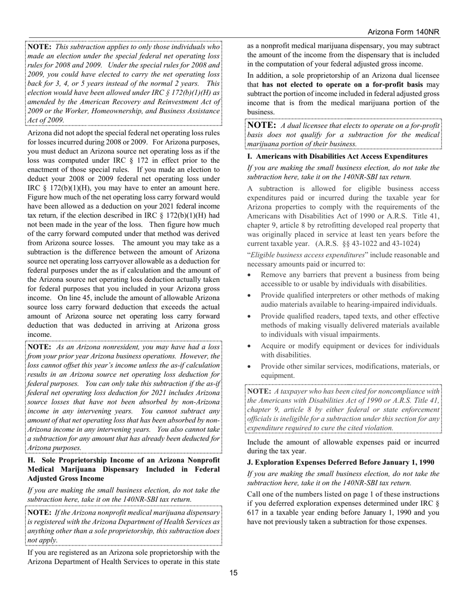 Instructions for Arizona Form 140NR, ADOR10413 Nonresident Personal Income Tax - Arizona, Page 15