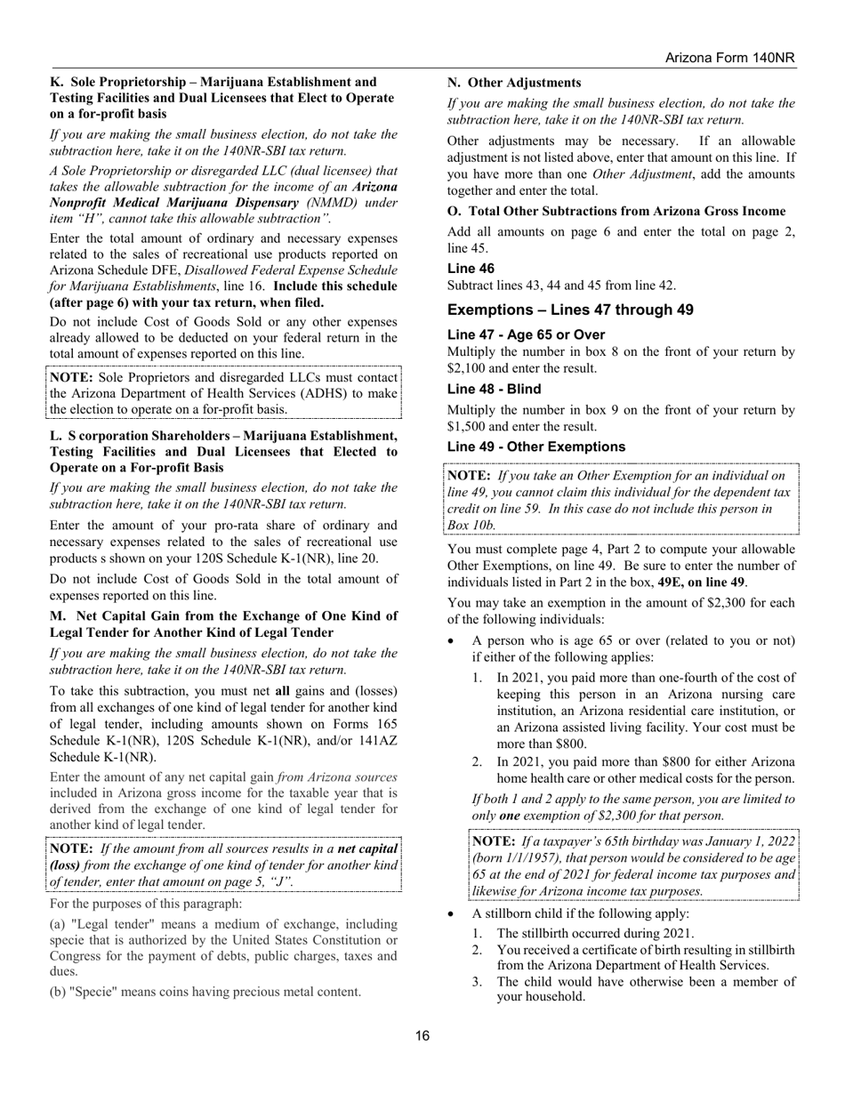 Instructions for Arizona Form 140NR, ADOR10413 Nonresident Personal Income Tax - Arizona, Page 16