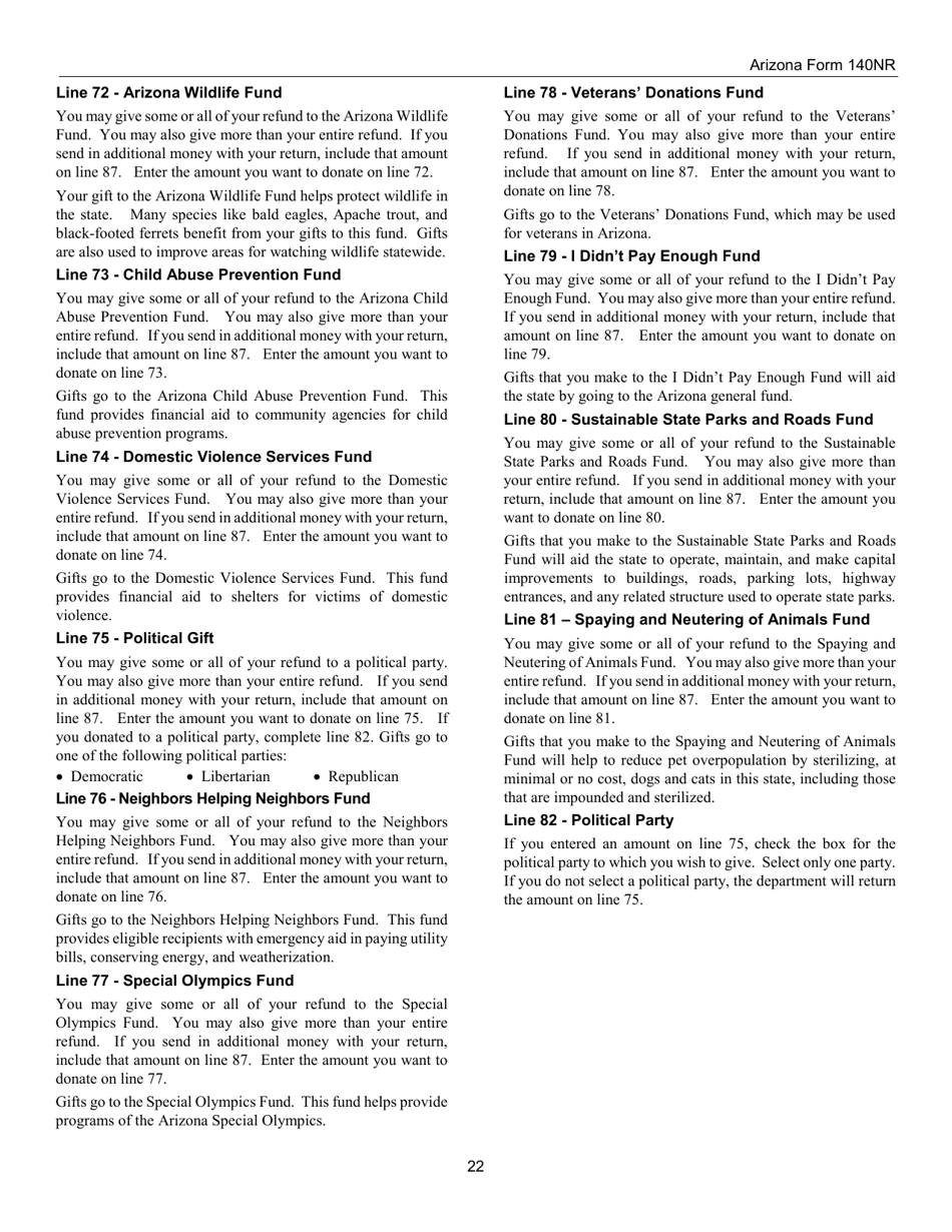 Instructions for Arizona Form 140NR, ADOR10413 Nonresident Personal Income Tax - Arizona, Page 22