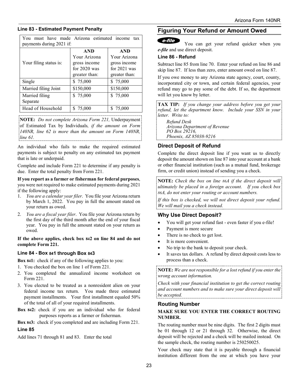 Instructions for Arizona Form 140NR, ADOR10413 Nonresident Personal Income Tax - Arizona, Page 23