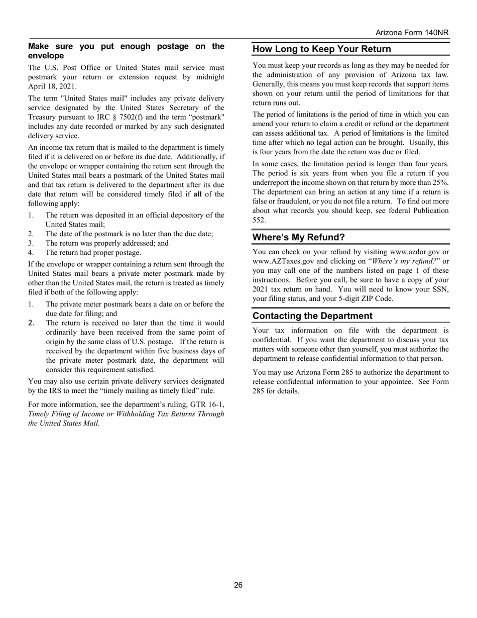 Instructions for Arizona Form 140NR, ADOR10413 Nonresident Personal Income Tax - Arizona, Page 26